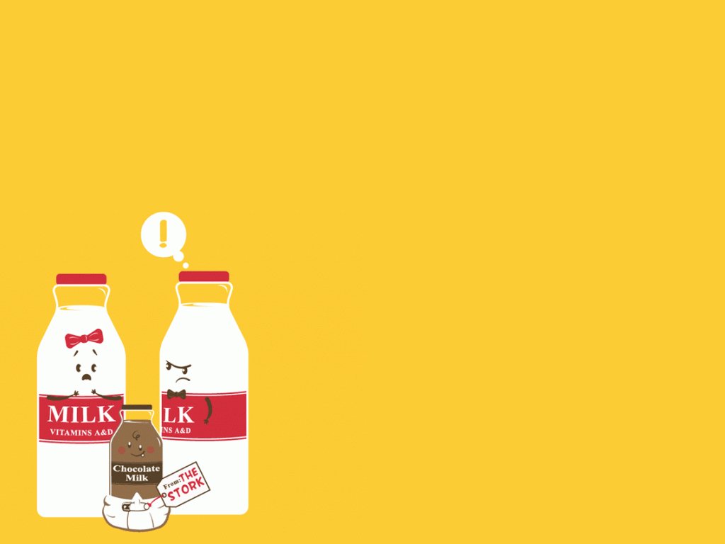 Three cartoon milk bottles stand against a yellow background. The two larger bottles express surprise, while a smaller chocolate milk bottle adds a humorous touch to the scene.