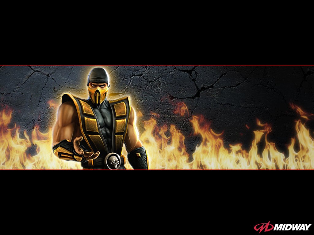 A dramatic promotional image featuring a character from the video game Mortal Kombat, set against a fiery background with a textured wall.