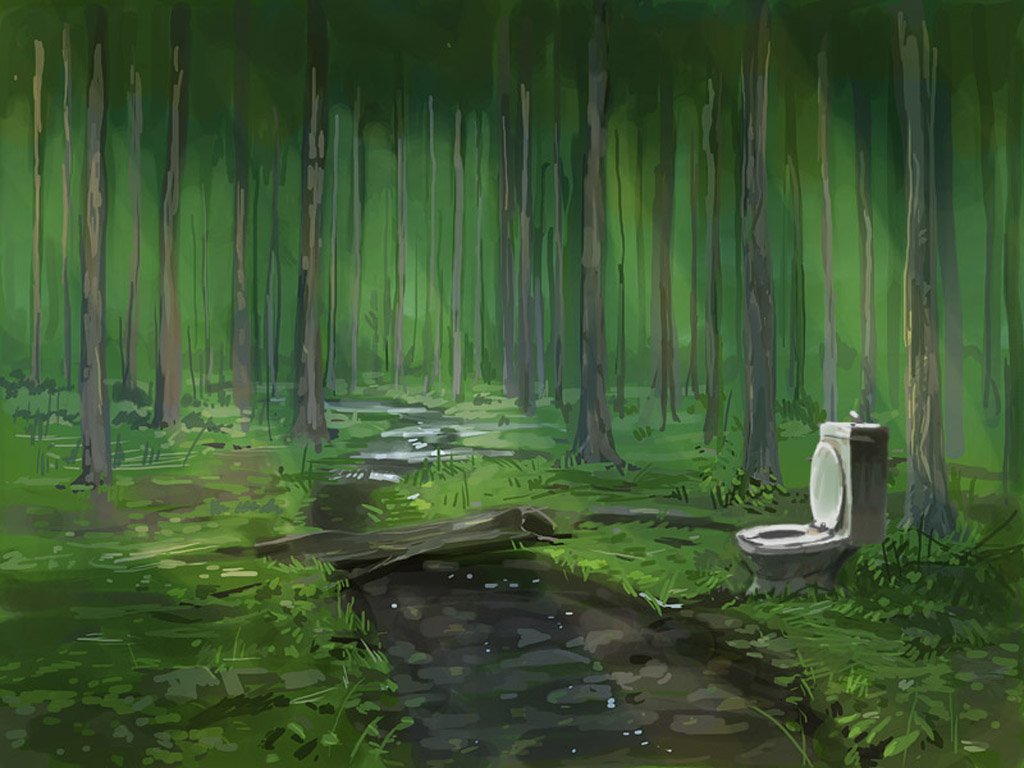 An artistic depiction of a toilet placed beside a small stream in a dense, green forest.