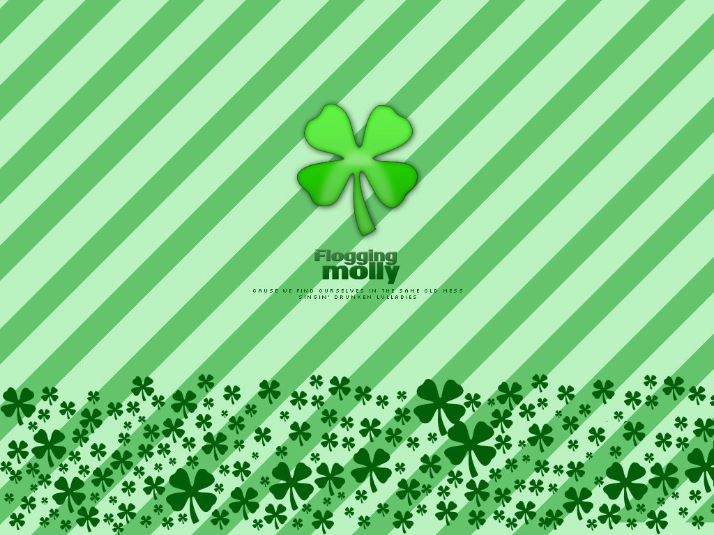 A vibrant green background features stripes and an array of clovers, prominently showcasing the Flogging Molly logo, reflecting the band's lively Irish punk music spirit.