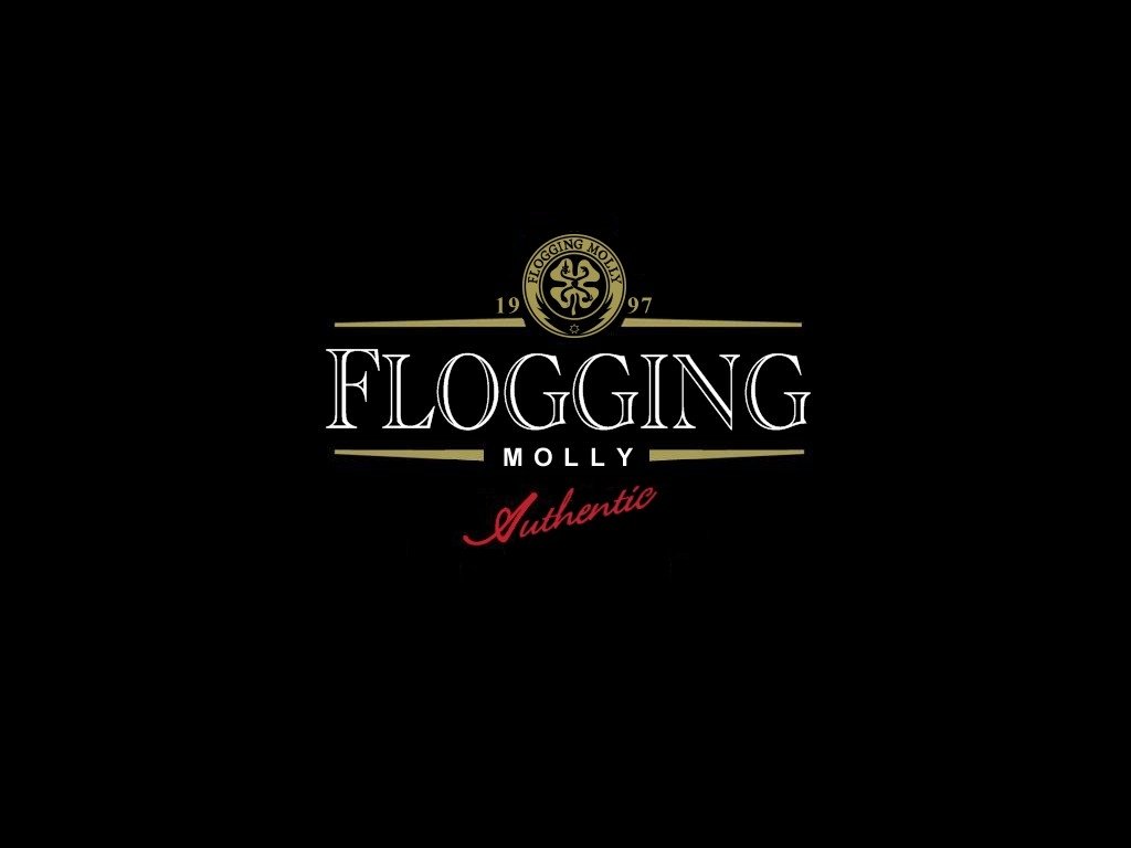Logo of Flogging Molly, featuring bold text and an emblem, set against a black background, representing the band's energetic music and unique style. Established in 1997.