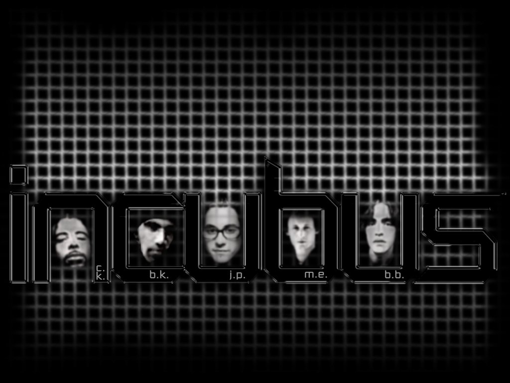 Black-and-white grid background featuring portrait shots of the band Incubus members labeled with their initials, highlighting the music group's identity.