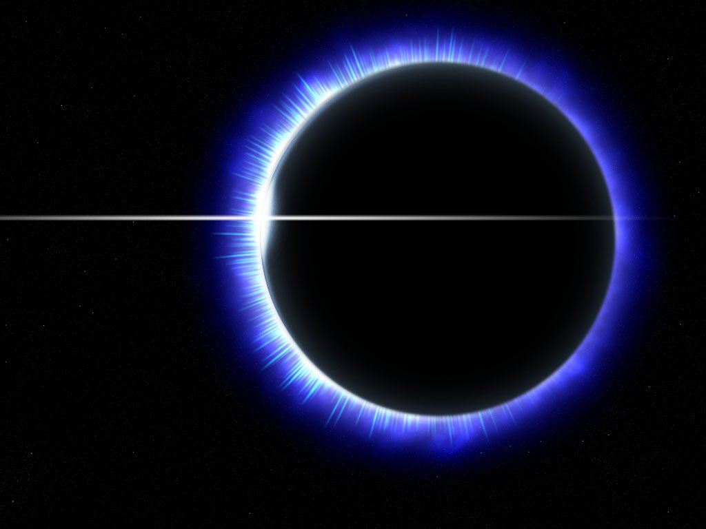 A sci-fi depiction of an eclipse over a planet, showcasing dramatic blue light radiating from the edges of a dark celestial body against a black background.