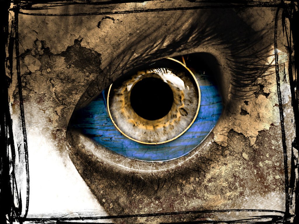 An artistic close-up of an eye features intricate details with a striking blue iris, set against a textured, weathered background.