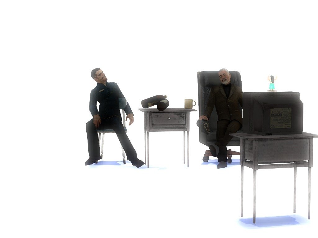 Two characters sit in minimalist chairs in a bright space, surrounded by simple furniture, evoking the eerie atmosphere of the video game Half-Life.