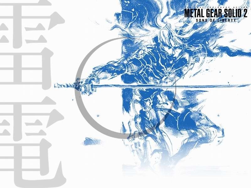 Artwork featuring a dynamic blue-toned figure from the video game Metal Gear Solid 2: Sons Of Liberty with Japanese characters and the game title in the top right corner.