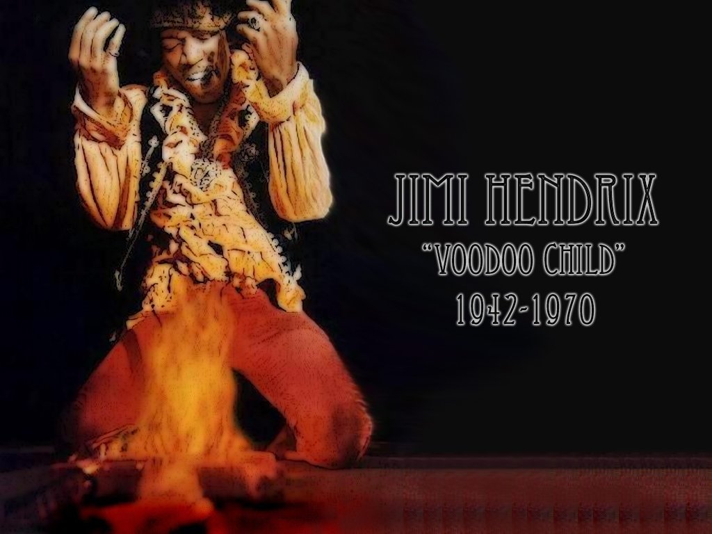 Jimi Hendrix passionately performs Voodoo Child, showcasing his iconic presence in music. The image captures his dynamic energy against a backdrop of flames.