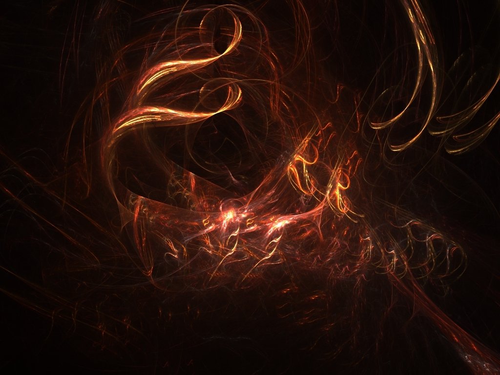 An abstract composition featuring swirling red tones and dynamic light patterns, creating a sense of movement and energy against a dark background.