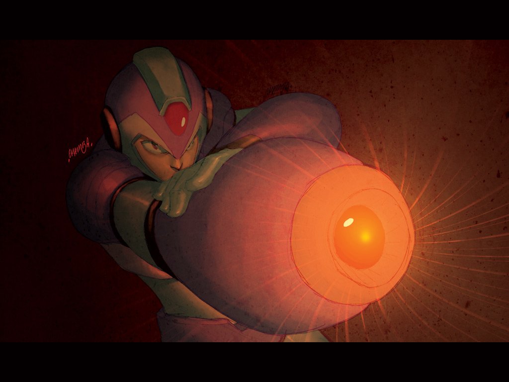 A dynamic illustration of Mega Man X from the classic video game series, showcasing him aiming his powerful arm cannon, ready for action with a glowing blast.