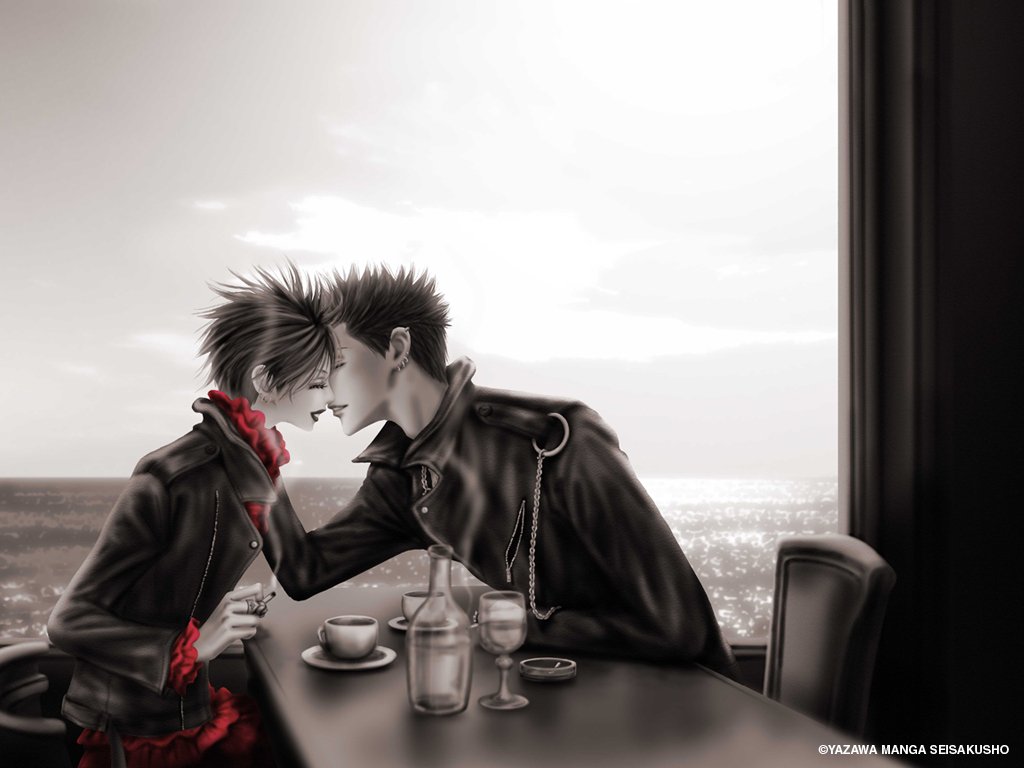 Nana Osaki and a companion share a kiss in a punk-inspired scene, both dressed in leather, set against a serene ocean backdrop, capturing an intimate moment from the anime Nana.