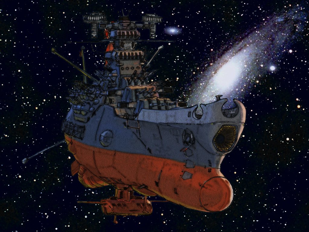 A futuristic battleship inspired by anime, this warship resembles the iconic Space Battleship Yamato, soaring through a starry galaxy with a vibrant, colorful design.