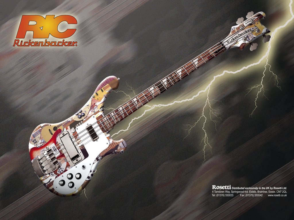 A colorful Rickenbacker guitar is showcased with a dynamic lightning background, highlighting its unique design and connection to music.