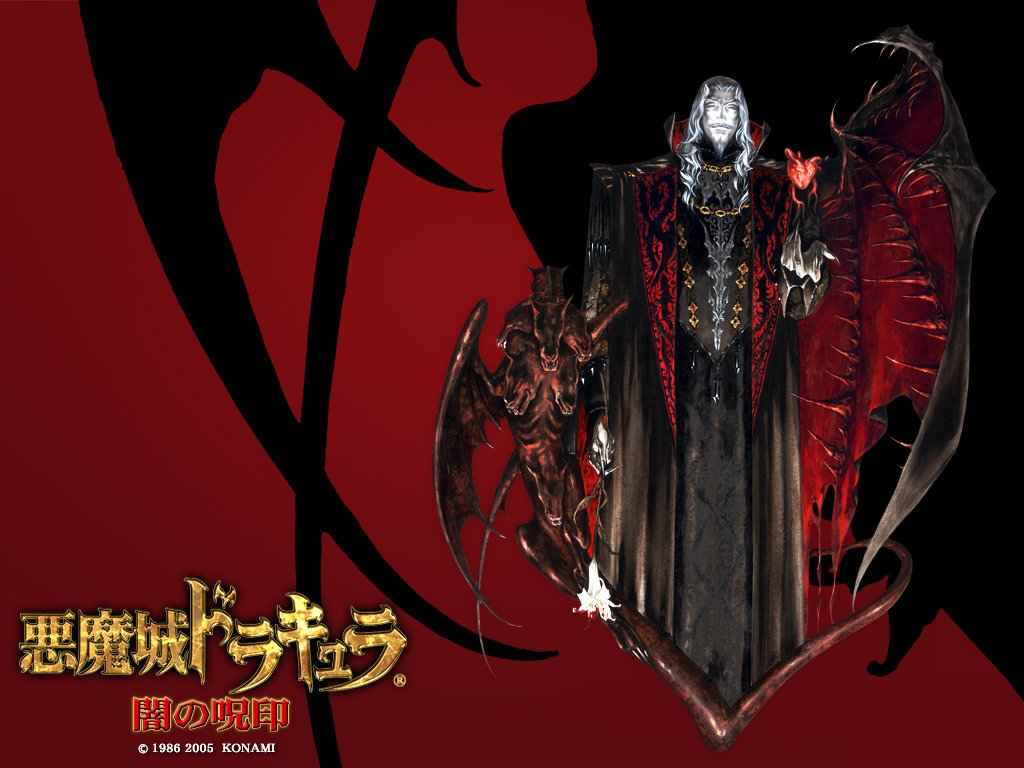 A dark, dramatic image from the video game Castlevania: Curse of Darkness, featuring a menacing character with bat-like wings, set against a striking red background.