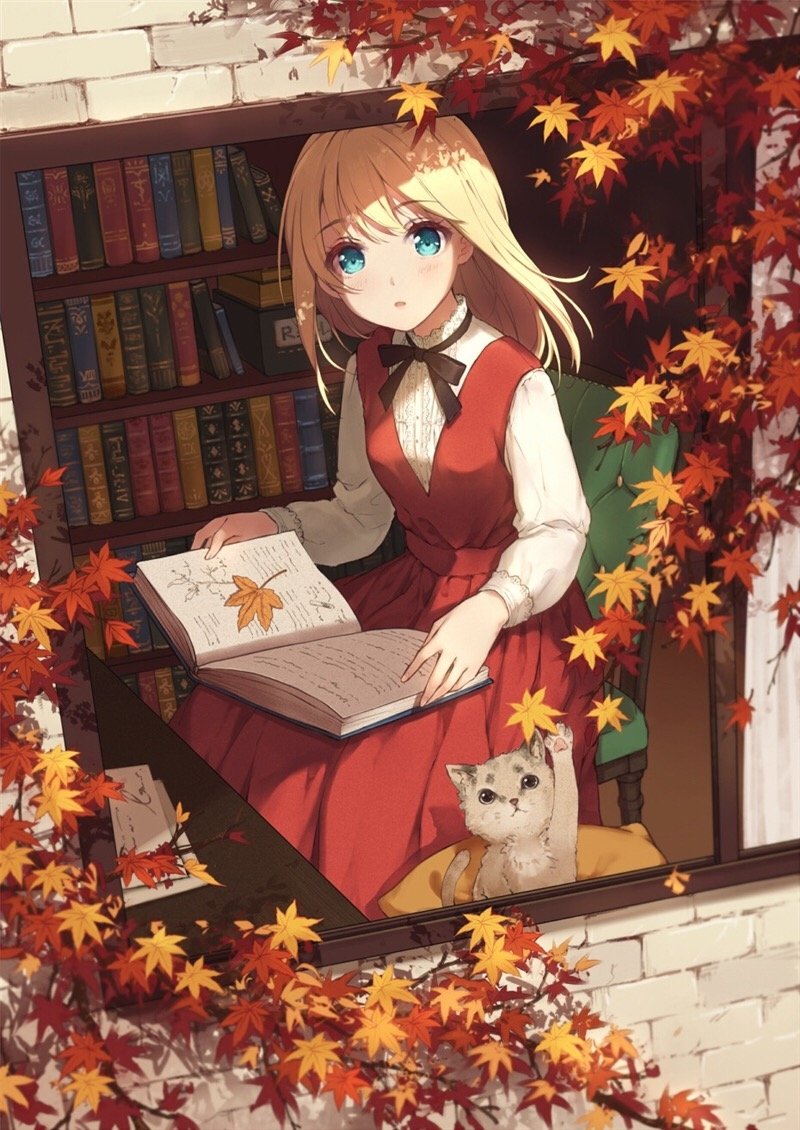 Anime girl with blonde hair and blue eyes reads a book by a window framed with autumn leaves, accompanied by a small cat sitting on her lap.