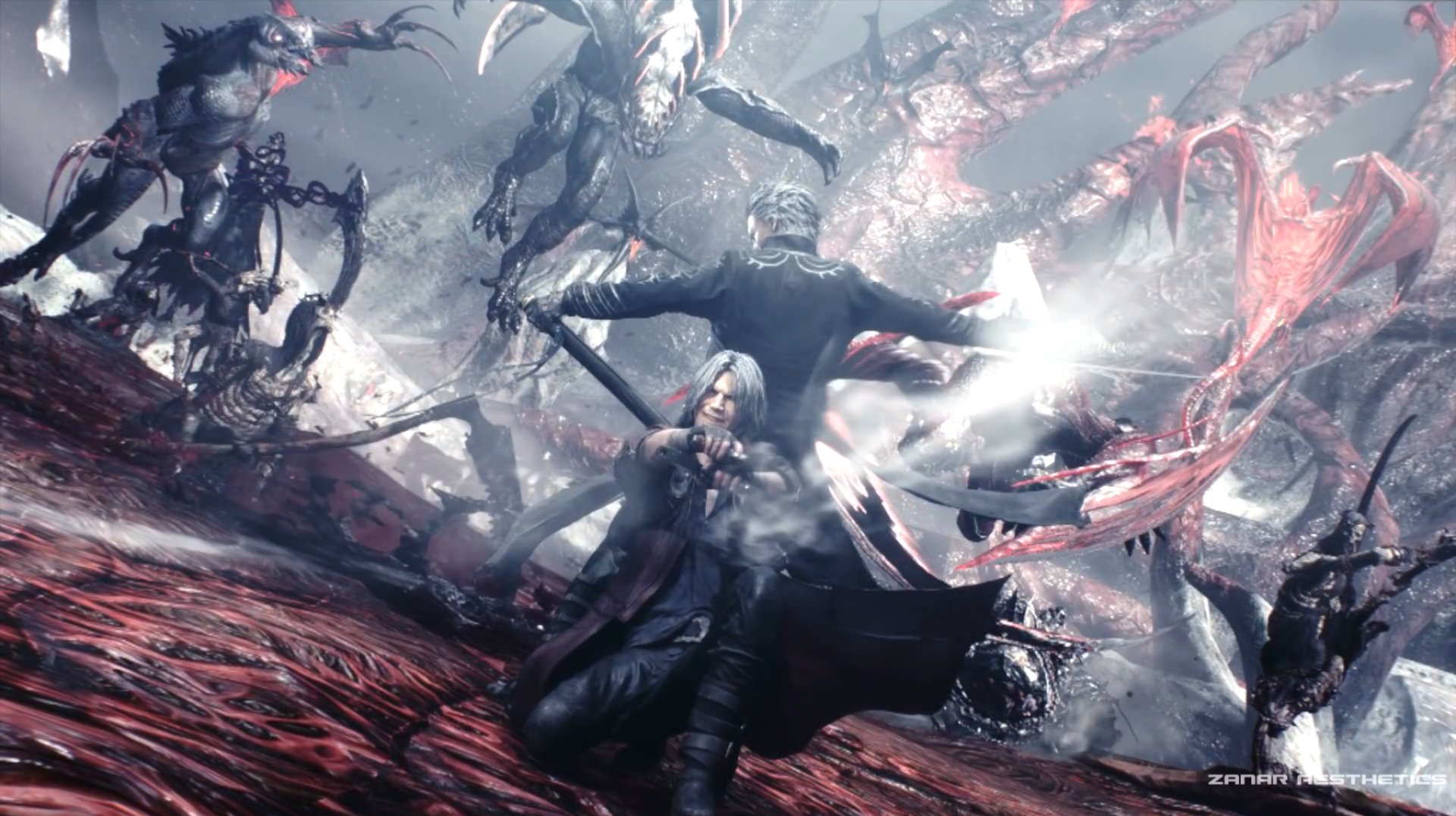 Video game Devil May Cry 5: the protagonist raises a sword amid a crimson, hellish battlefield as demonic creatures swirl and attack.