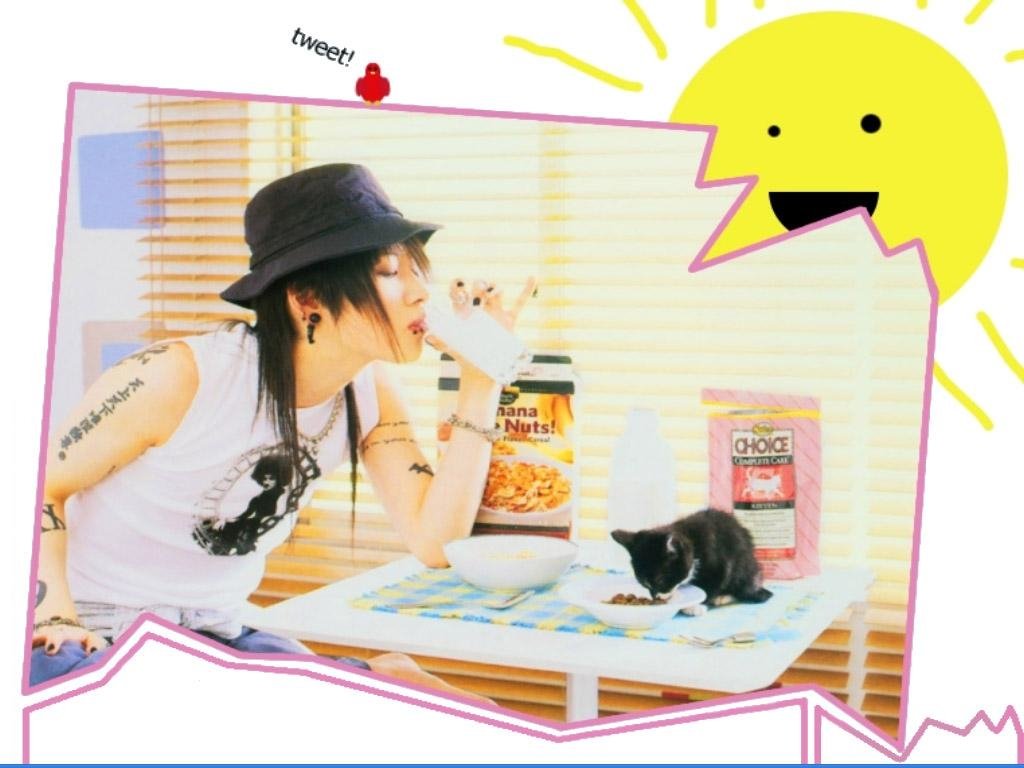 J-Rock musician at a sunny breakfast table in a fedora, singing into a cup while a black cat watches, playful music-themed collage.