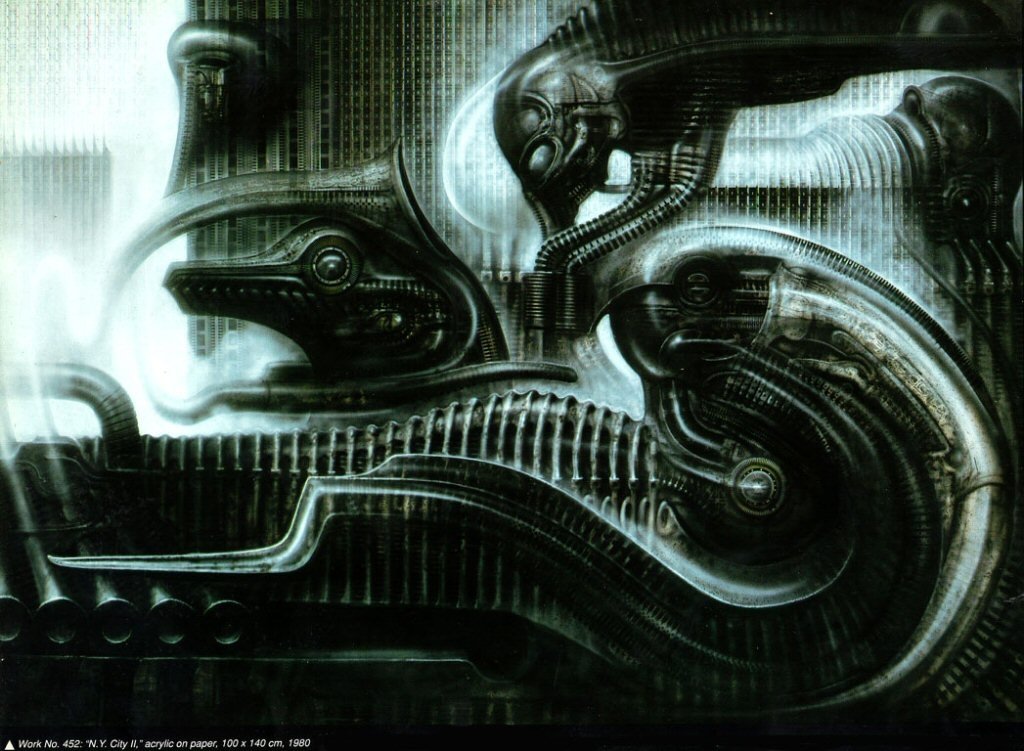 A dark, abstract Sci-Fi scene featuring alien-like structures and intricate designs, evoking a sense of otherworldly technology and life forms.