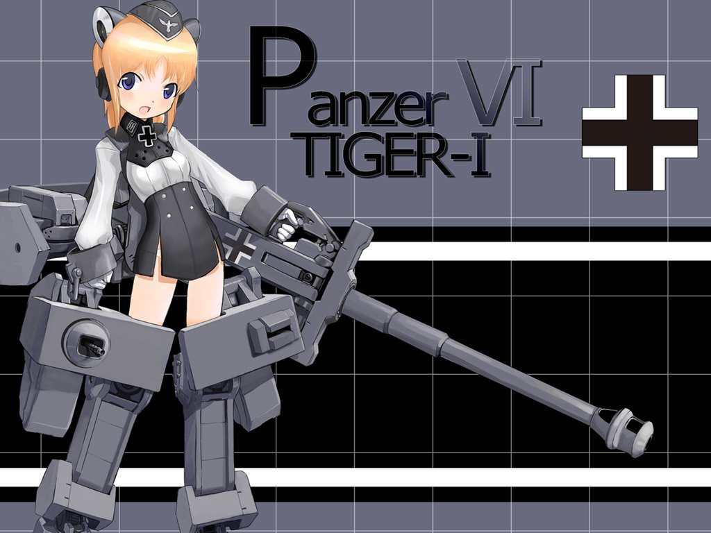 Anime character from Strike Witches, depicted as a chibi-style girl in a military outfit, stands with a Panzer VI Tiger I tank, showcasing a unique blend of fantasy and military elements.