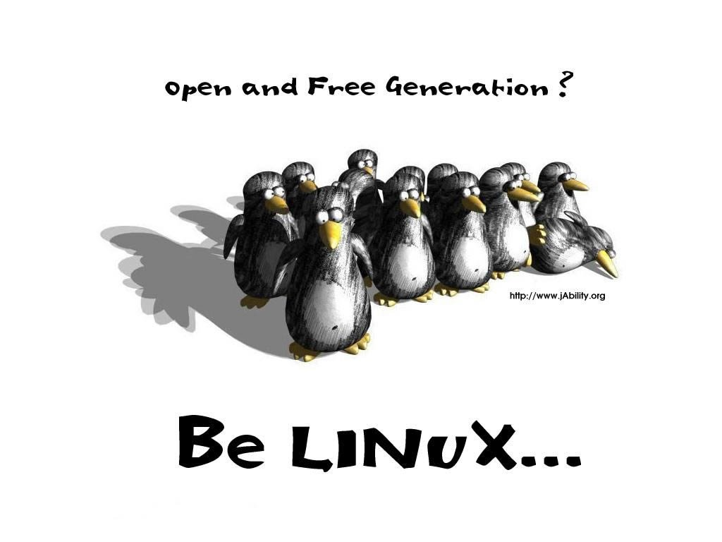 A group of penguins stands together, symbolizing the open and free spirit of Linux technology, with the bold text Be LINUX... emphasizing community and collaboration.