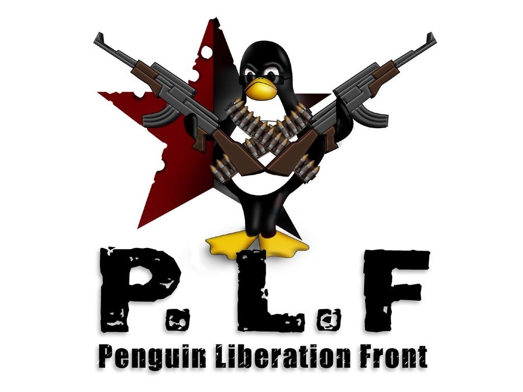 A cartoon penguin armed with rifles stands against a red star, representing the Penguin Liberation Front, a playful nod to Linux technology and its open-source community.