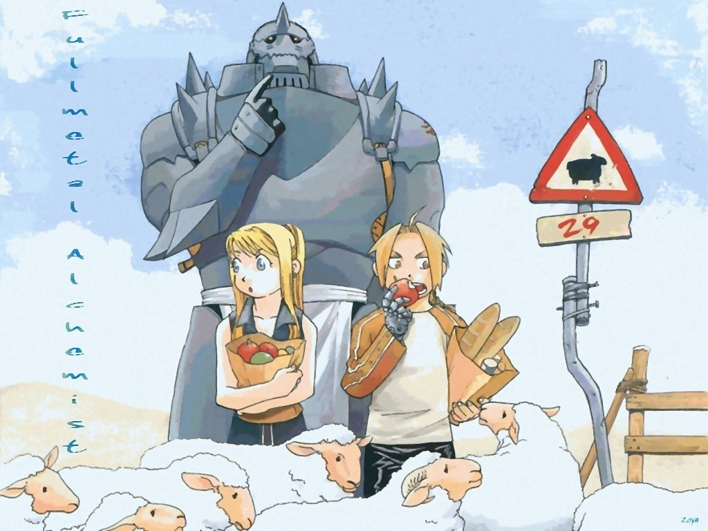 Winry Rockbell and Edward Elric stand among sheep, while Alphonse Elric looms behind them. The scene captures a playful moment in the anime Fullmetal Alchemist.
