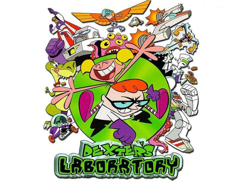 Colorful collage of characters from the TV show Dexter's Laboratory, featuring the genius boy Dexter surrounded by his inventions and friends in a vibrant, animated style.