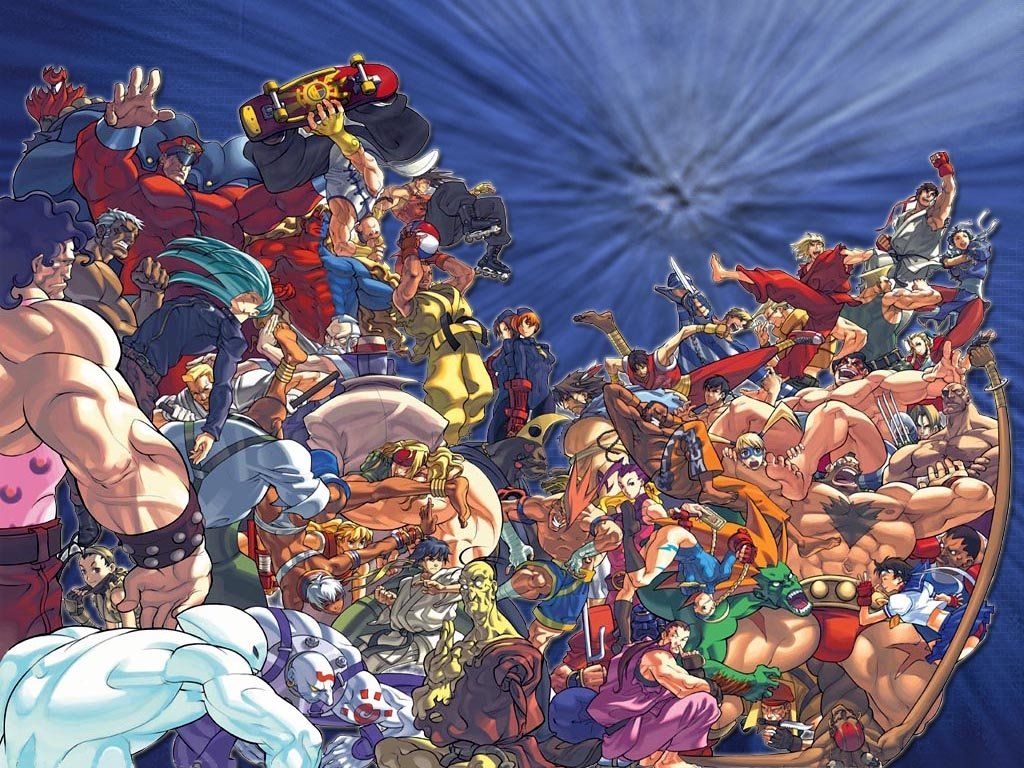 A vibrant collage of characters from the Street Fighter video game, showcasing iconic fighters engaged in dynamic action against a dramatic background.