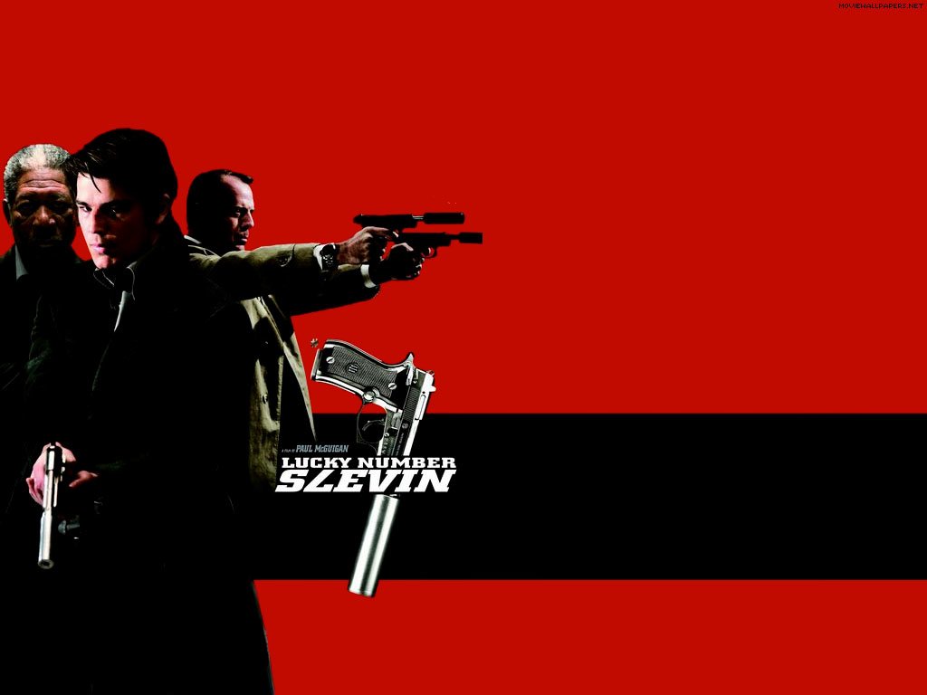 Poster-style image for the movie Lucky Number Slevin: three men in dark coats aiming handguns against a bold red background, with the film title and a revolver graphic.