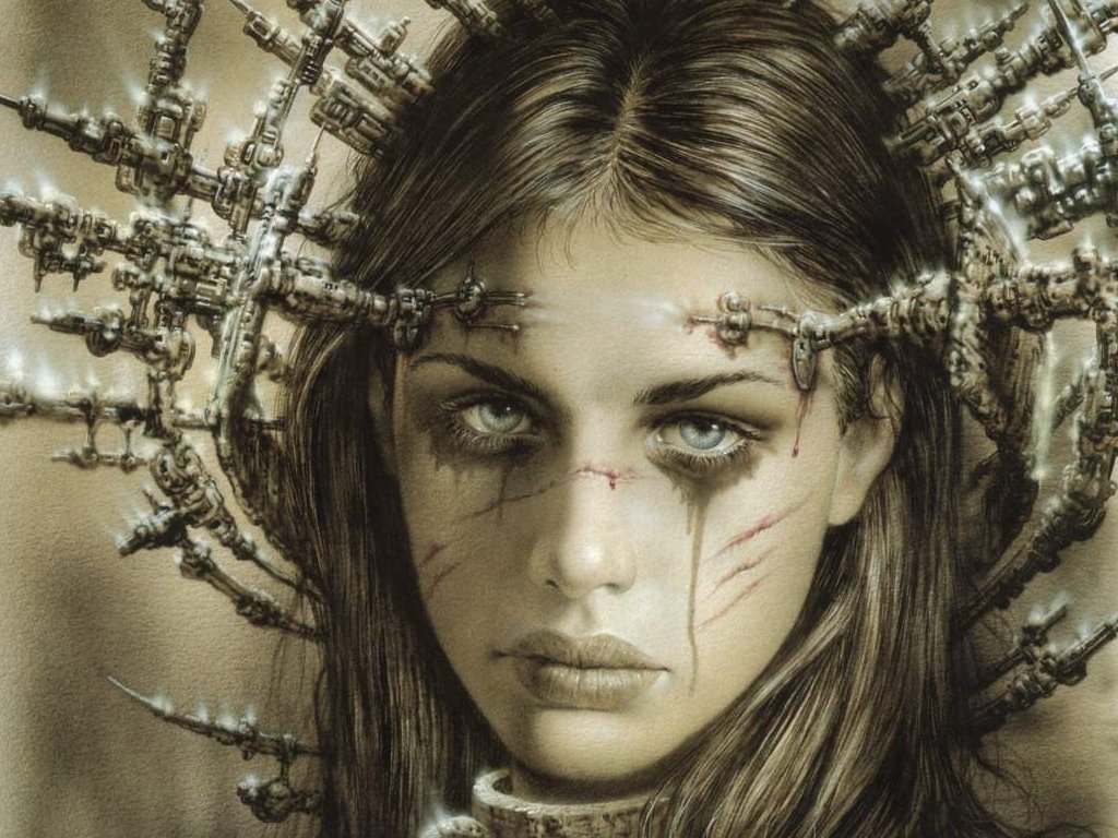 A striking cyborg figure stares intently, with a complex array of metallic components integrated into her hair, embodying a powerful blend of human and sci-fi elements.
