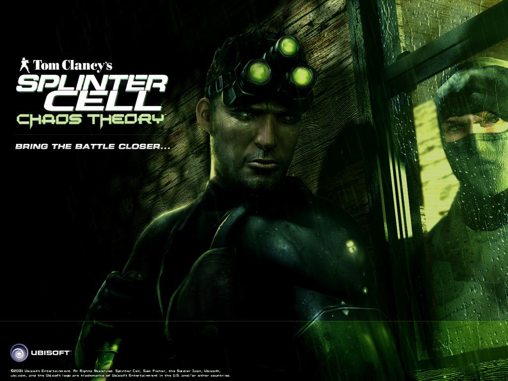 A promotional image for Tom Clancy's Splinter Cell: Chaos Theory, featuring a tactical character in goggles, emphasizing stealth and strategy in a dark, atmospheric setting.