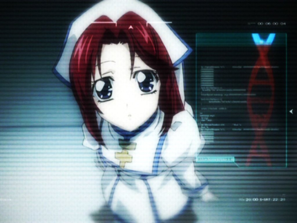 A character from the anime Trinity Blood looks up with large, expressive eyes, wearing a white outfit and a nurse's cap, with digital data displayed behind her.