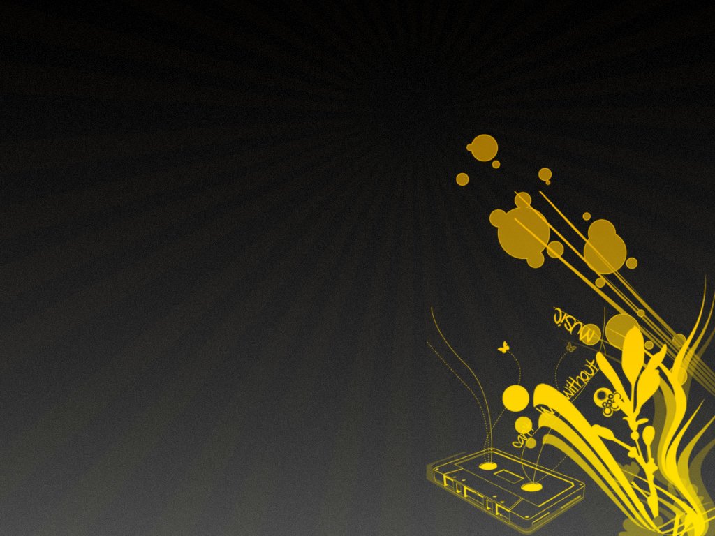 A dynamic vector design featuring a retro cassette tape surrounded by flowing yellow shapes and bubbles against a dark background, creating an artistic and vibrant composition.