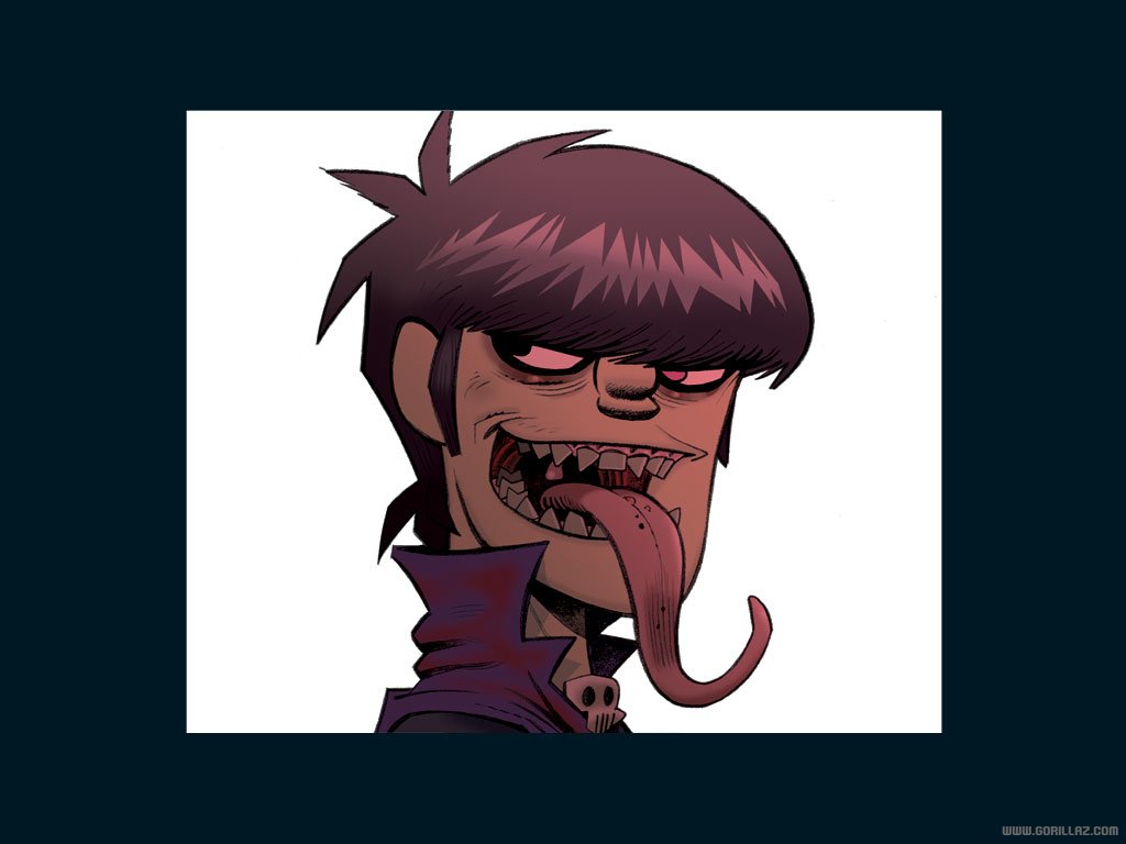 A stylized character from Gorillaz, showcasing vibrant colors and an exaggerated expression, with a mischievous grin and a long tongue, embodying the band's unique musical vibe.
