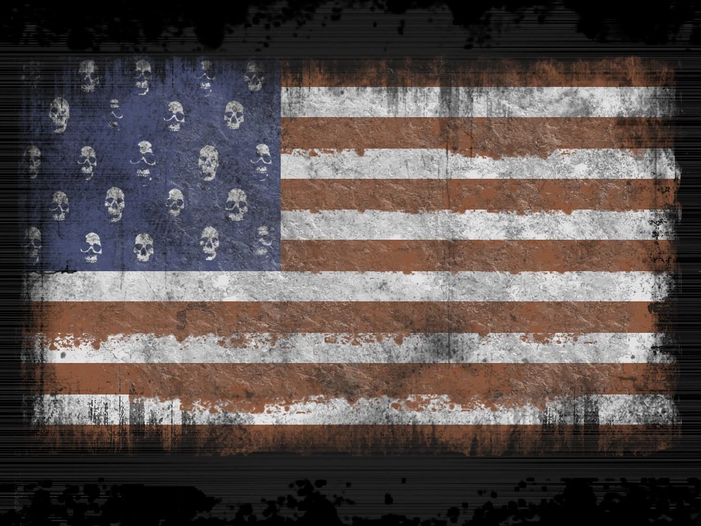 A distressed American flag featuring a subtle skull pattern, blending elements of patriotism and rebellion in a man-made design.