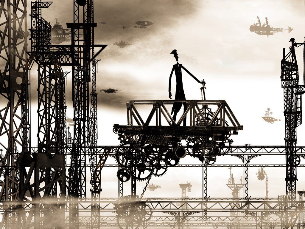 A steampunk figure navigates a mechanical platform amidst towering structures and airships, set against a dramatic sci-fi sky filled with clouds and distant flying machines.