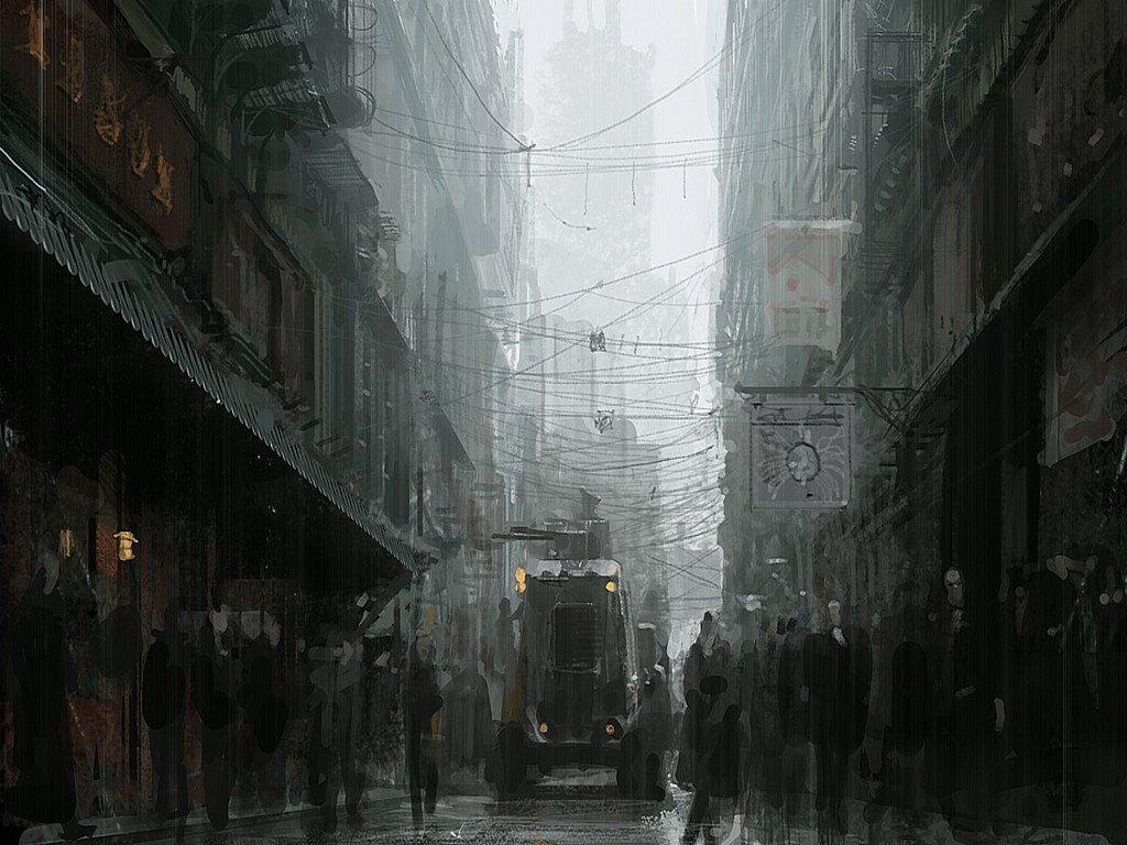 A misty street scene in a sci-fi city, featuring towering buildings and a vintage vehicle navigating through a crowd of indistinct figures in a futuristic urban setting.