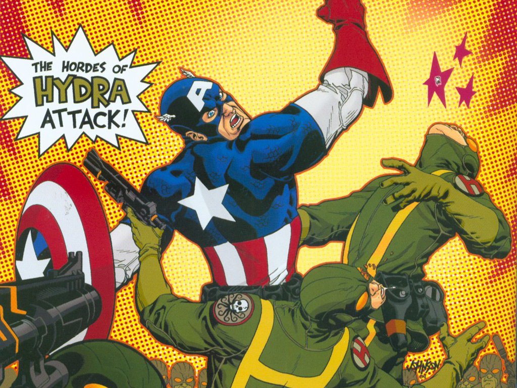 Comic illustration featuring Captain America battling against the horde of Hydra. He is in action, wielding his shield, with Hydra soldiers surrounding him. Bright colors and dynamic design enhance the scene.