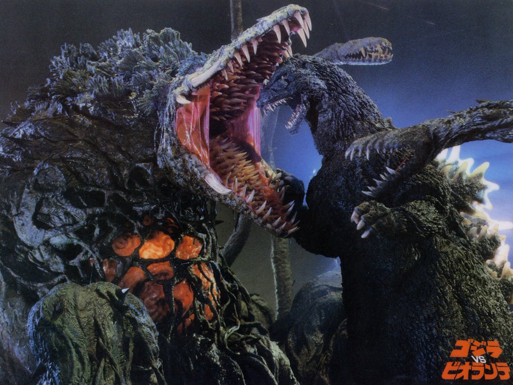 A dramatic confrontation between Godzilla and Biollante, two iconic monsters from the movie Godzilla vs. Biollante, showcasing their fierce battle in a dark, fantastical environment.