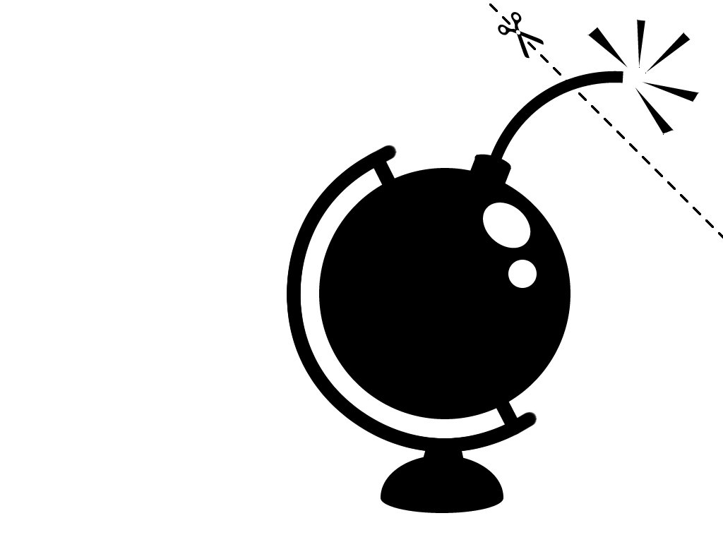 A stylized black silhouette of a globe with a bomb fuse and explosion, symbolizing tension or conflict in a global context. Tagged as Misc, unknown.