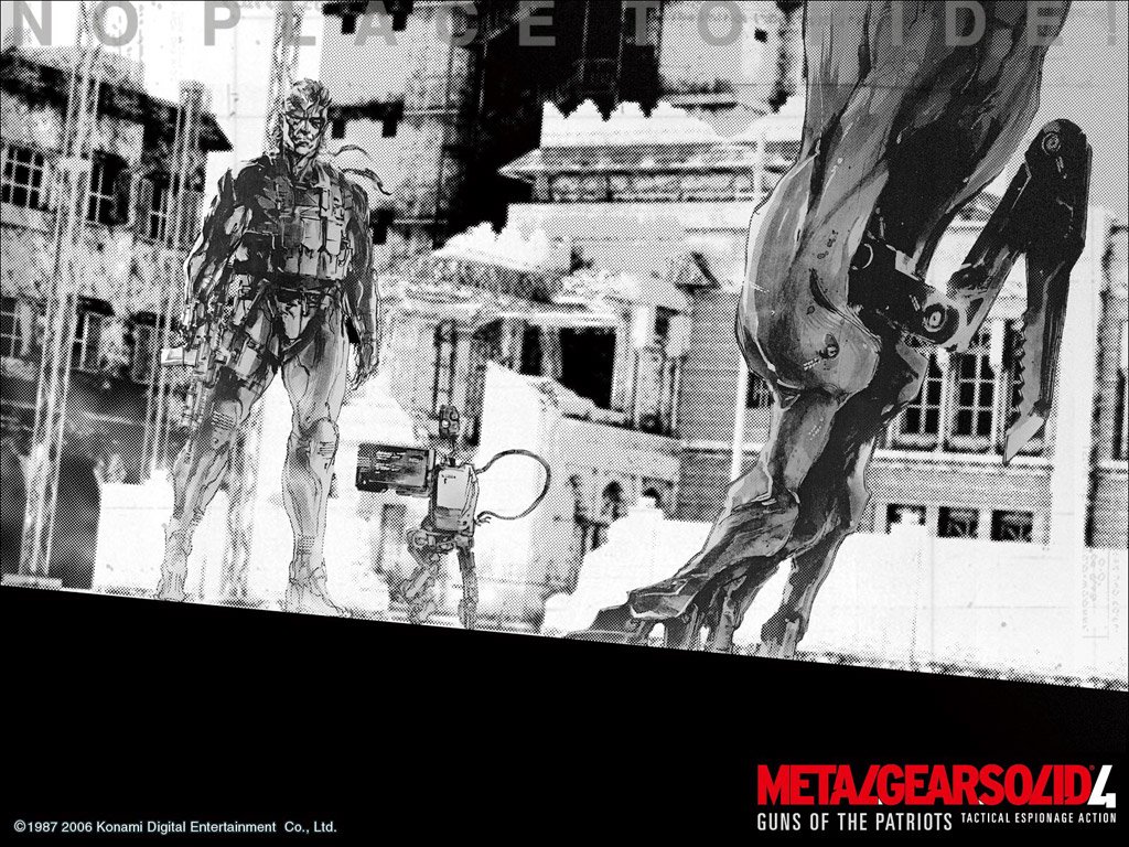 A dramatic scene from the video game Metal Gear Solid 4: Guns of the Patriots, featuring iconic characters in a striking black-and-white environment.