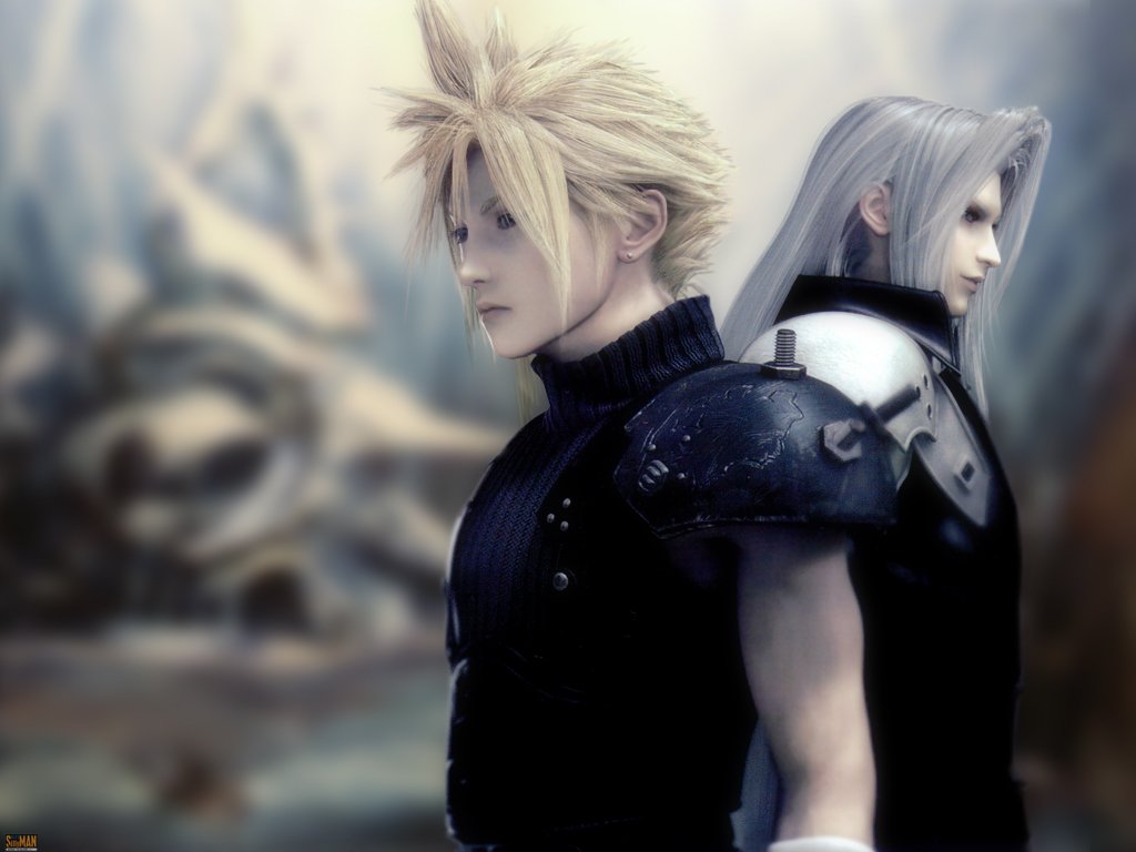 A dramatic scene from Final Fantasy VII featuring Cloud Strife and Sephiroth standing back to back, showcasing their contrasting designs against a blurred, atmospheric background.