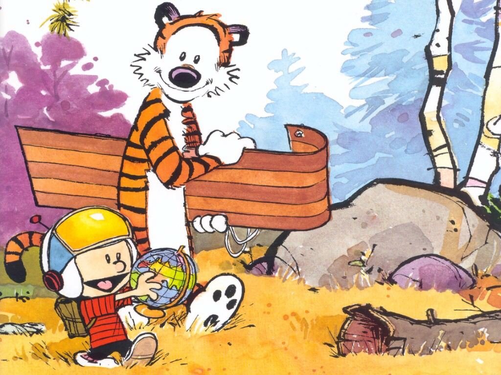 Calvin and Hobbes joyfully play in a vibrant outdoor scene, with Calvin holding a globe and Hobbes carrying a sled, capturing the adventurous spirit of the beloved comic duo.