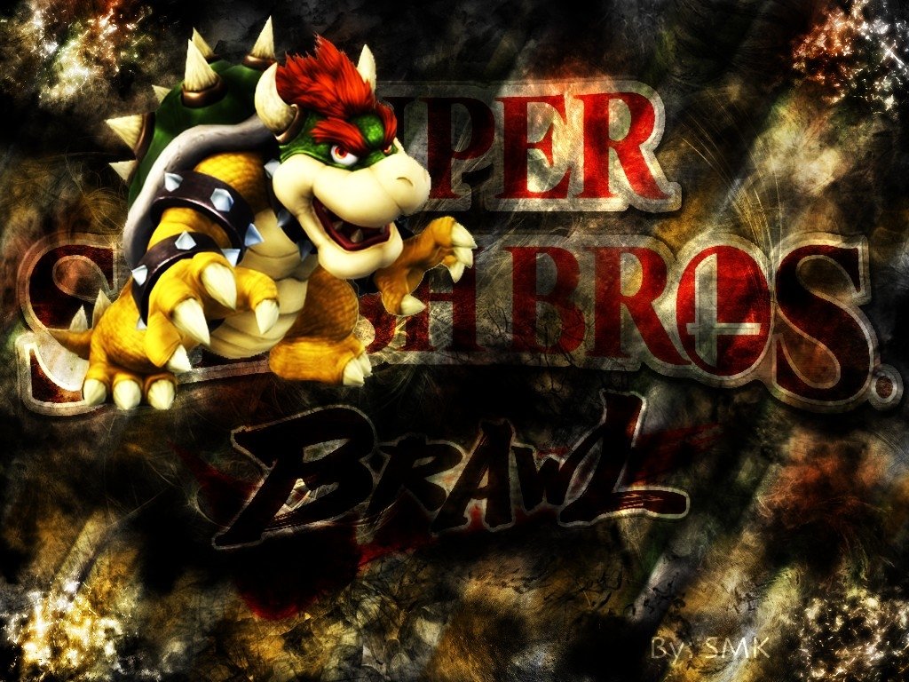A dynamic image featuring Bowser from the video game Super Smash Bros. Brawl, set against a textured background with the game's title prominently displayed.