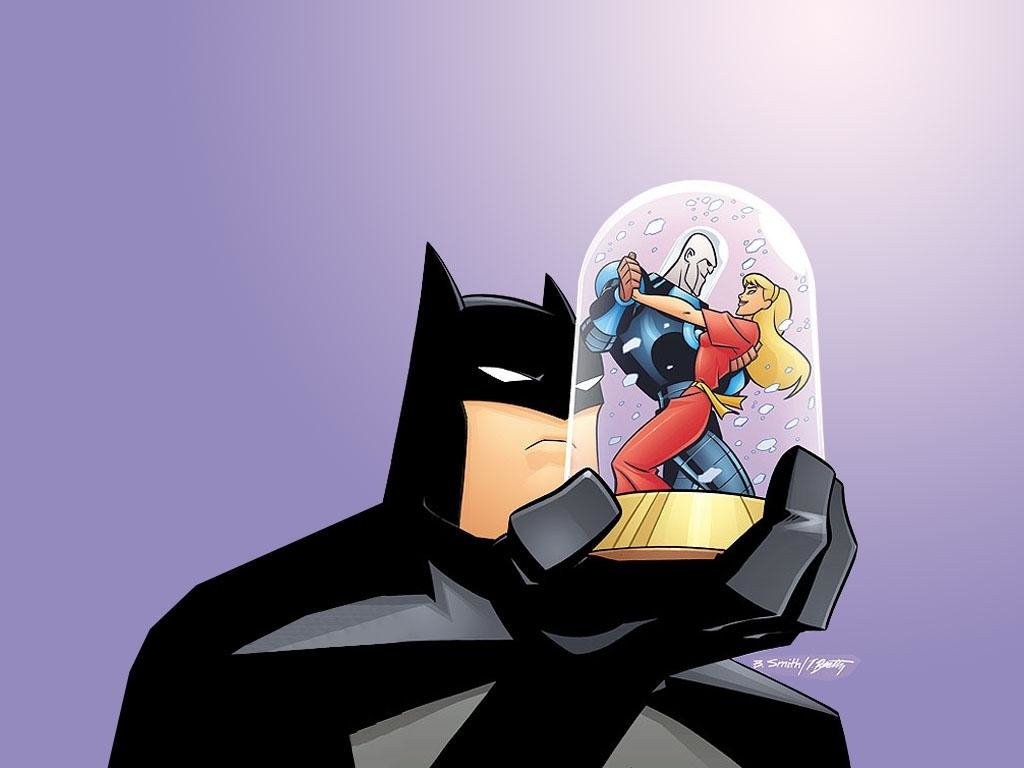Batman holds a snow globe featuring Mr. Freeze and Nora Fries, capturing a poignant moment from the DC Comics universe. The colorful comic art highlights their iconic relationship.
