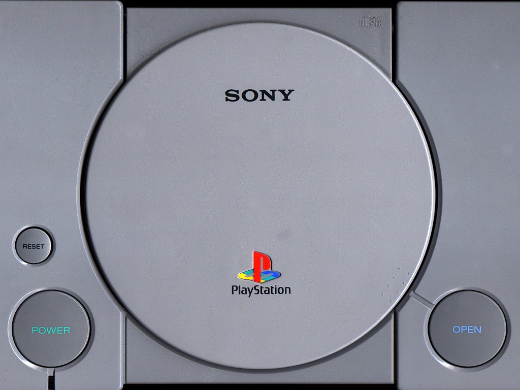 A top view of a classic PlayStation console, featuring the Sony logo and colorful PlayStation emblem, showcasing the iconic design of this beloved gaming system.