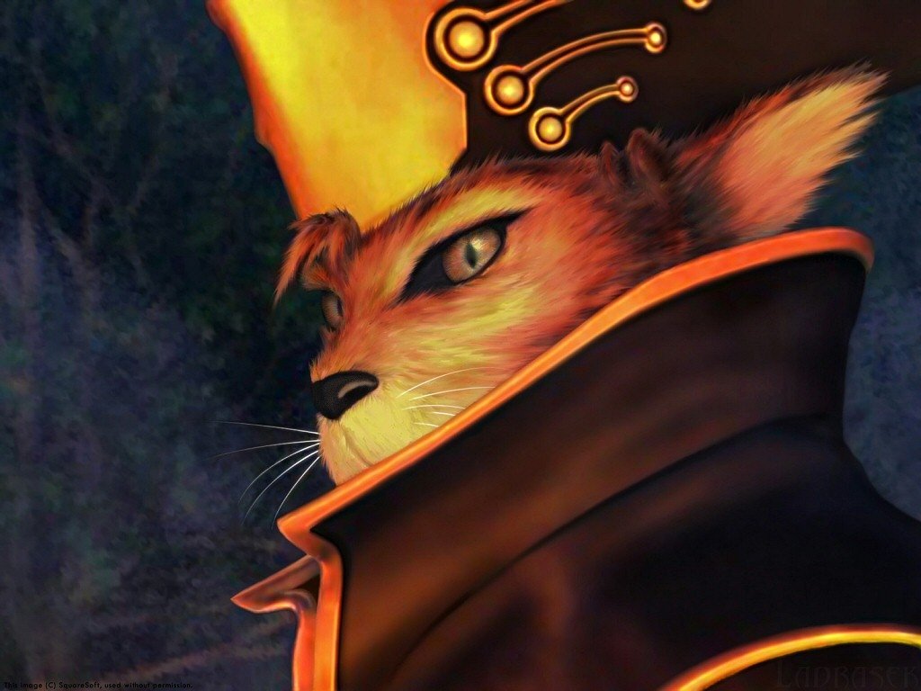A close-up of a feline character wearing an ornate coat and crown, featured in the video game Chrono Cross, exuding a mystical and commanding presence.