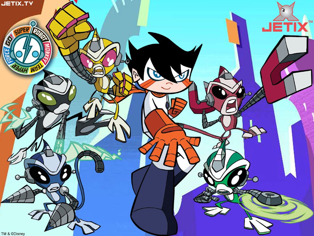 A vibrant scene from the Jetix TV show features a young hero surrounded by five unique robots, set against a colorful backdrop that showcases their adventurous spirit.
