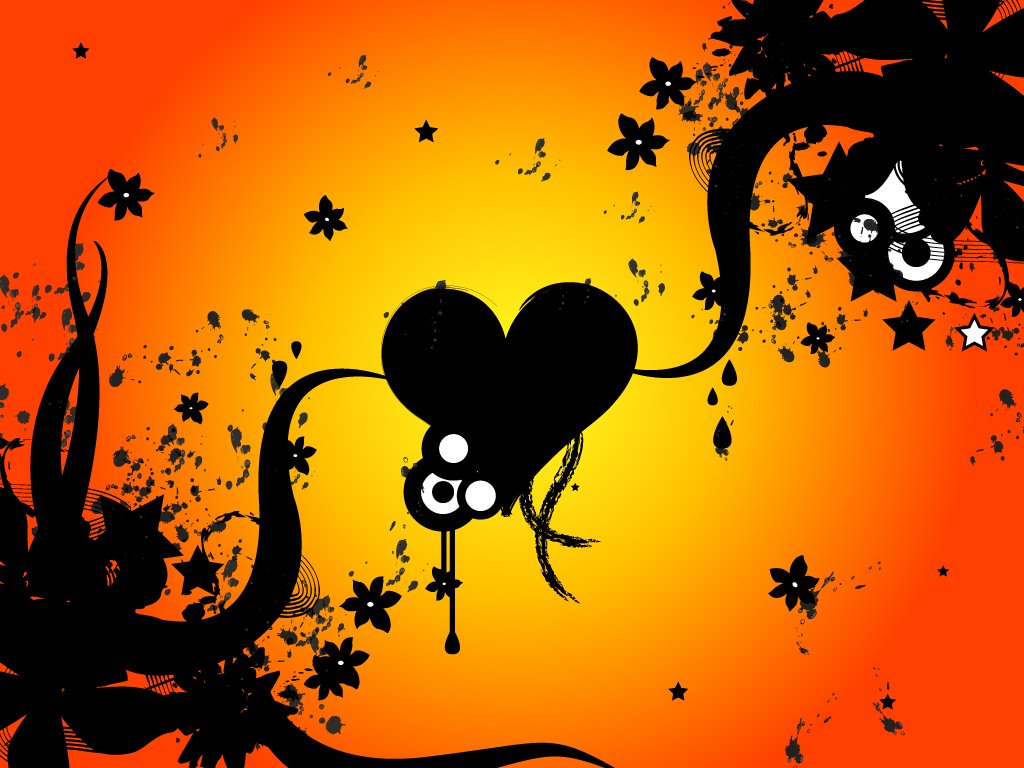 A vibrant, artistic composition featuring a black heart amidst swirling floral designs and playful characters, set against a warm orange background, all radiating love.