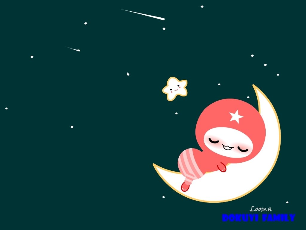 Cute Dokuyi Family character in a red star-themed outfit sleeping peacefully on a crescent moon, surrounded by stars in a dark night sky.