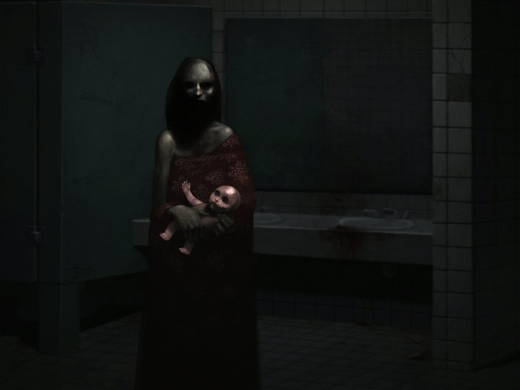A dark, creepy scene depicts a figure in shadowy attire holding a doll, standing in an ominous bathroom space with stained tiles and an unsettling atmosphere.